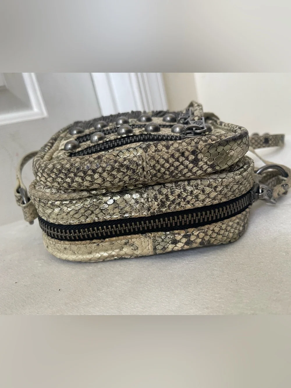 Ash Moxy Python Snakeskin print Leather Studded Crossbody Bag